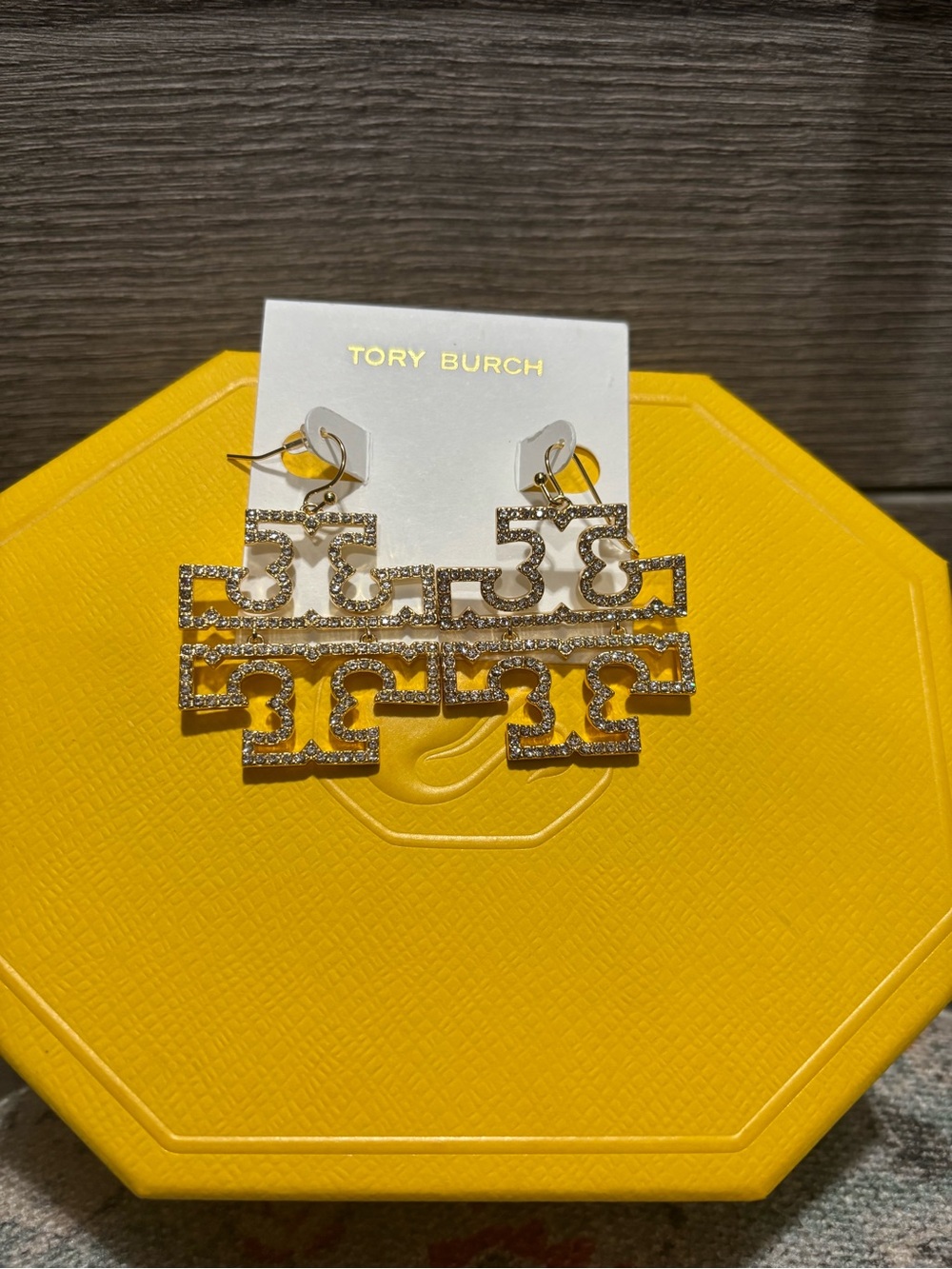 NWOT Tory Burch Gold-Tone Pave Logo Drop Earrings